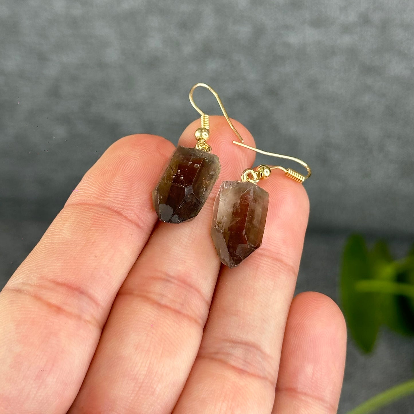 Natural Smokey Quartz Point Crystal Earrings Gold Platted