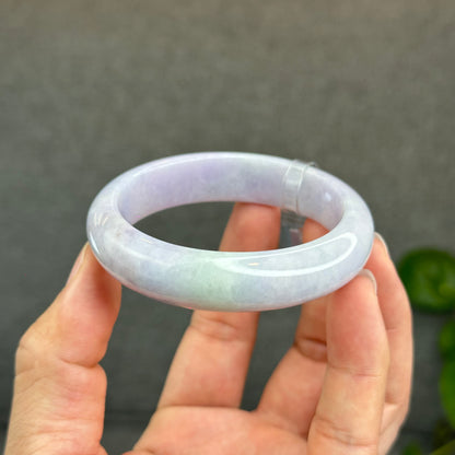 Natural Semi-Translucent Taro Purple with Light Green Type A Jadeite Jade Bangle Leaf Style Size 55 mm