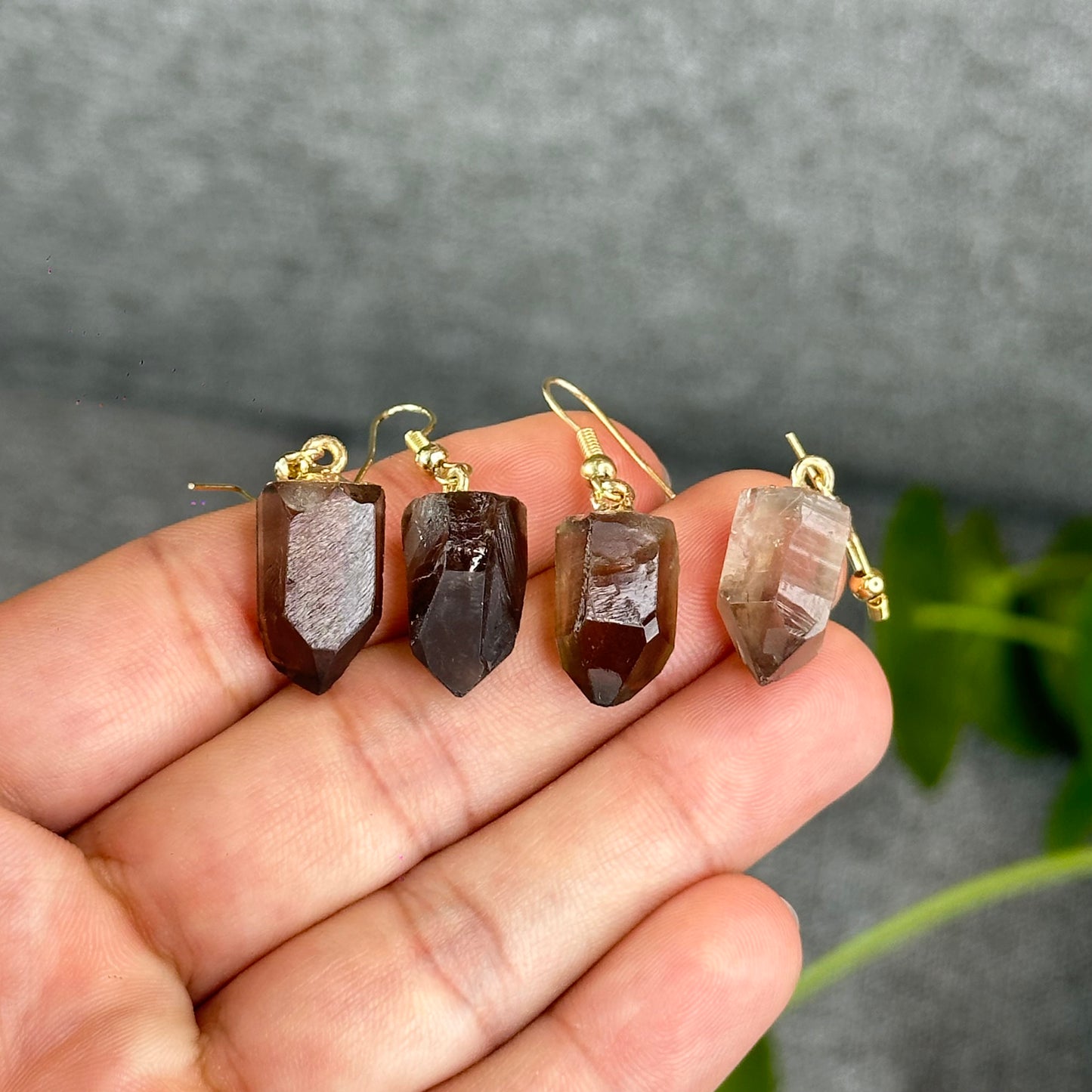 Natural Smokey Quartz Point Crystal Earrings Gold Platted