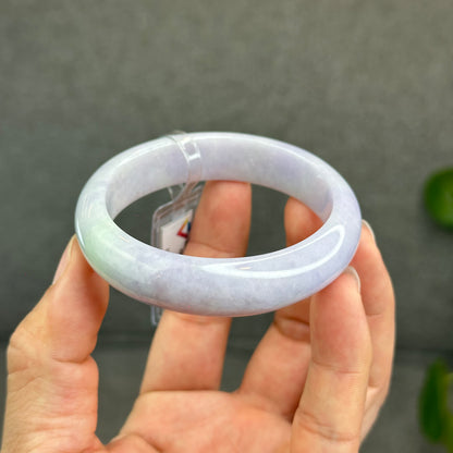 Natural Semi-Translucent Taro Purple with Light Green Type A Jadeite Jade Bangle Leaf Style Size 55 mm