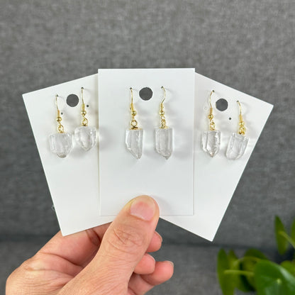 Natural Clear Quartz Point Crystal Earrings Gold Platted