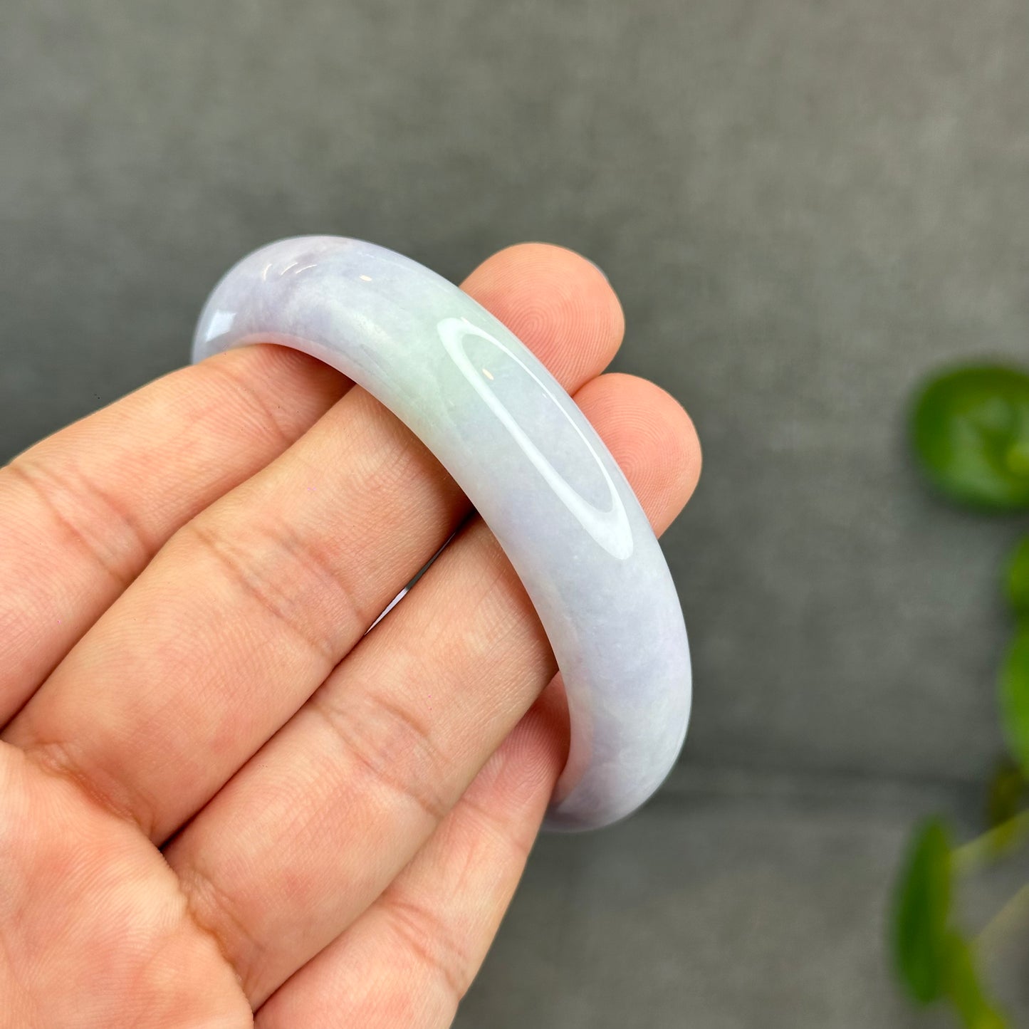 Natural Semi-Translucent Taro Purple with Light Green Type A Jadeite Jade Bangle Leaf Style Size 55 mm