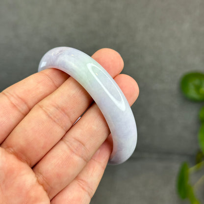 Natural Semi-Translucent Taro Purple with Light Green Type A Jadeite Jade Bangle Leaf Style Size 55 mm