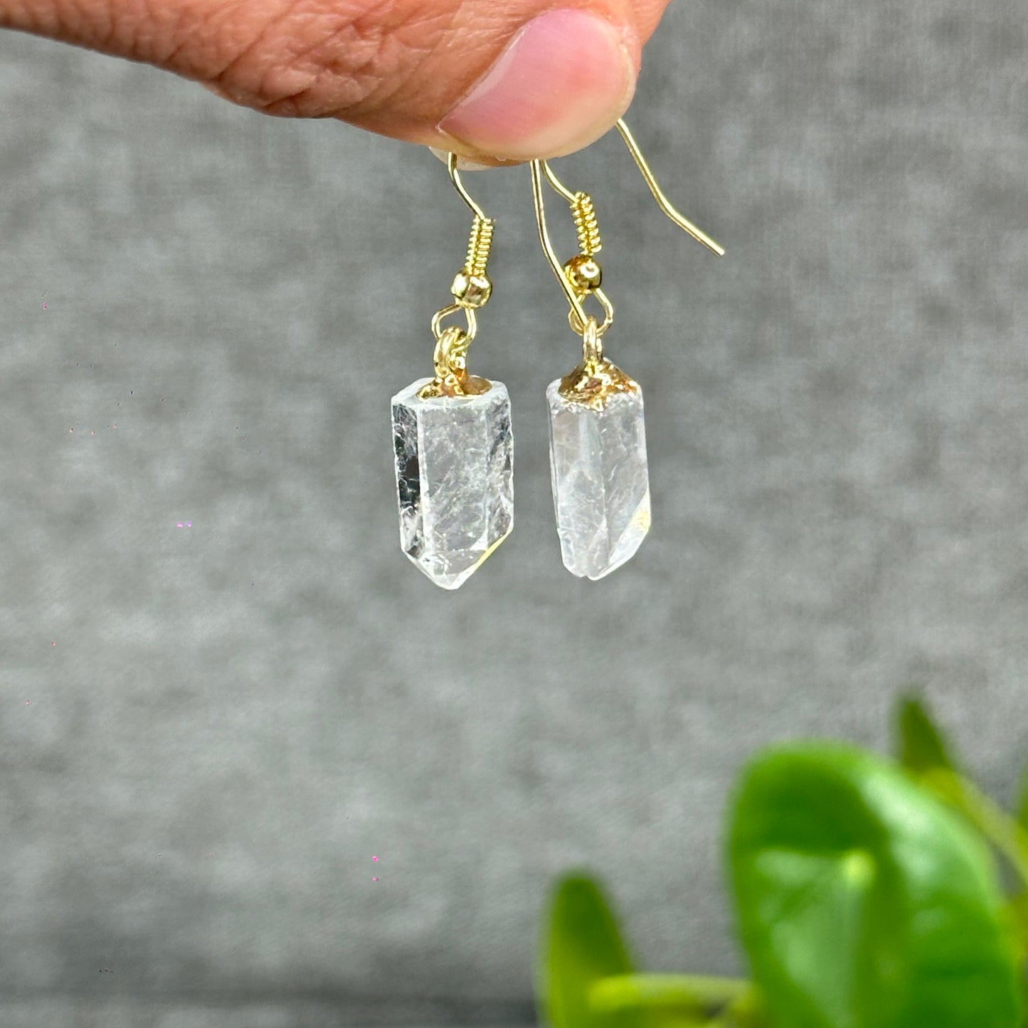Natural Clear Quartz Point Crystal Earrings Gold Platted
