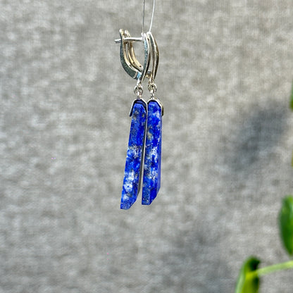 Lapis Lazuli Rectangle Dangle Earrings in Silver Setting