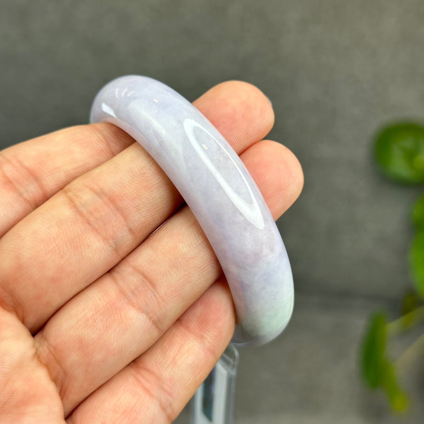 Natural Semi-Translucent Taro Purple with Light Green Type A Jadeite Jade Bangle Leaf Style Size 55 mm