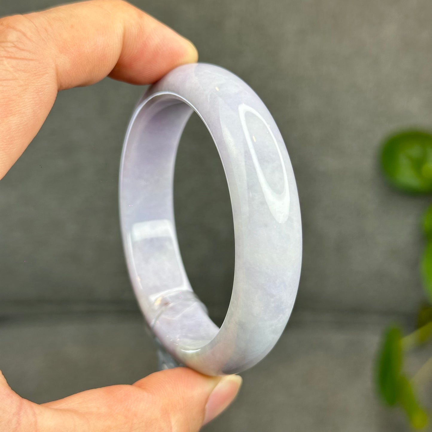 Natural Semi-Translucent Taro Purple with Light Green Type A Jadeite Jade Bangle Leaf Style Size 55 mm