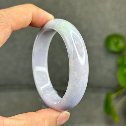 Natural Semi-Translucent Taro Purple with Light Green Type A Jadeite Jade Bangle Leaf Style Size 55 mm