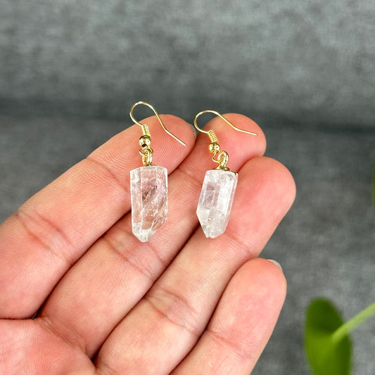 Natural Clear Quartz Point Crystal Earrings Gold Platted