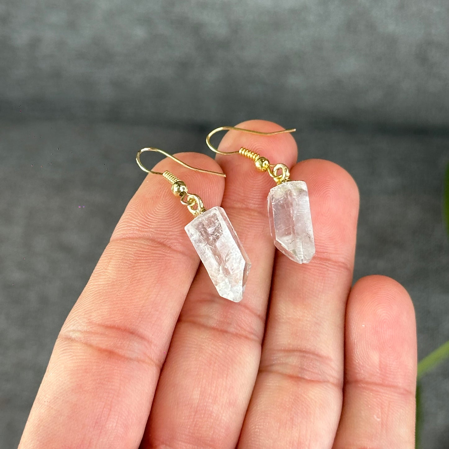 Natural Clear Quartz Point Crystal Earrings Gold Platted