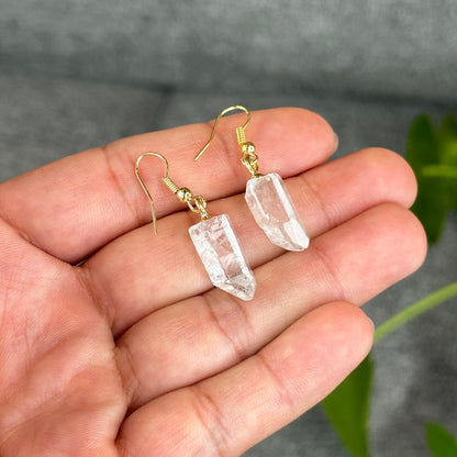 Natural Clear Quartz Point Crystal Earrings Gold Platted
