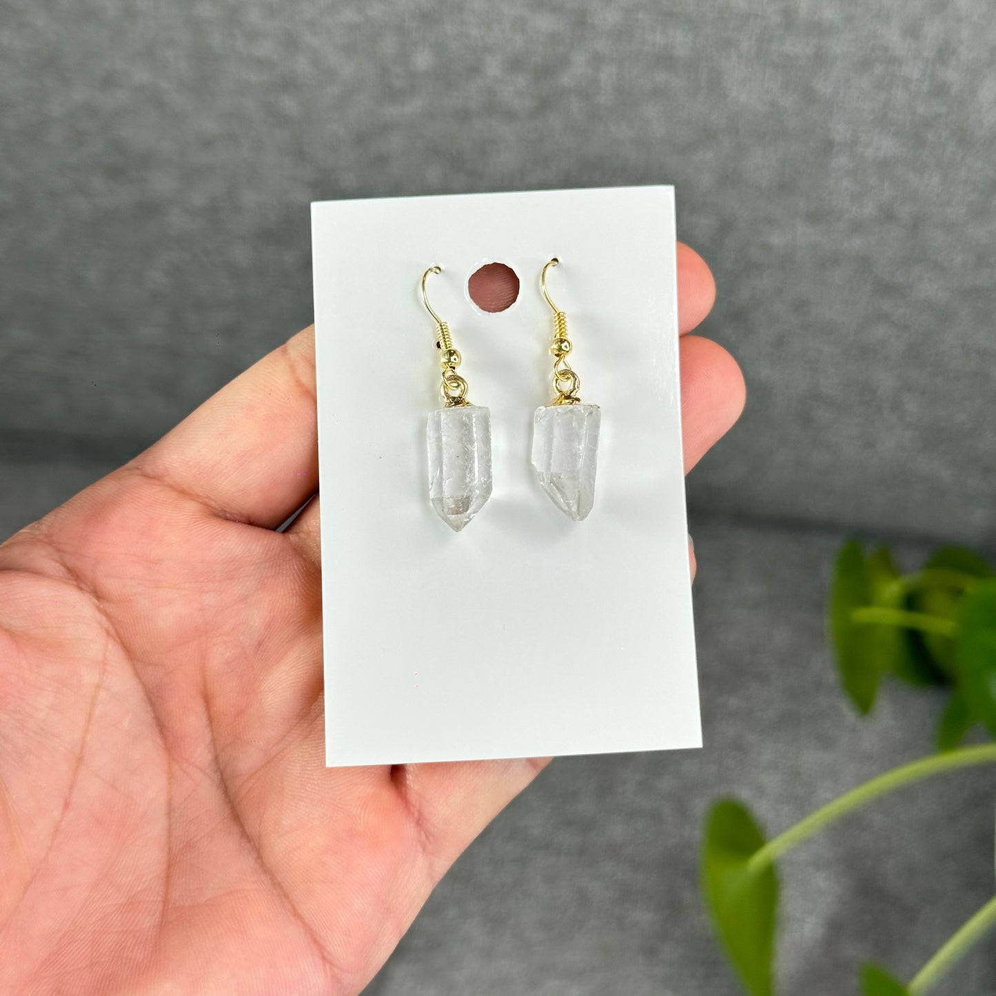 Natural Clear Quartz Point Crystal Earrings Gold Platted