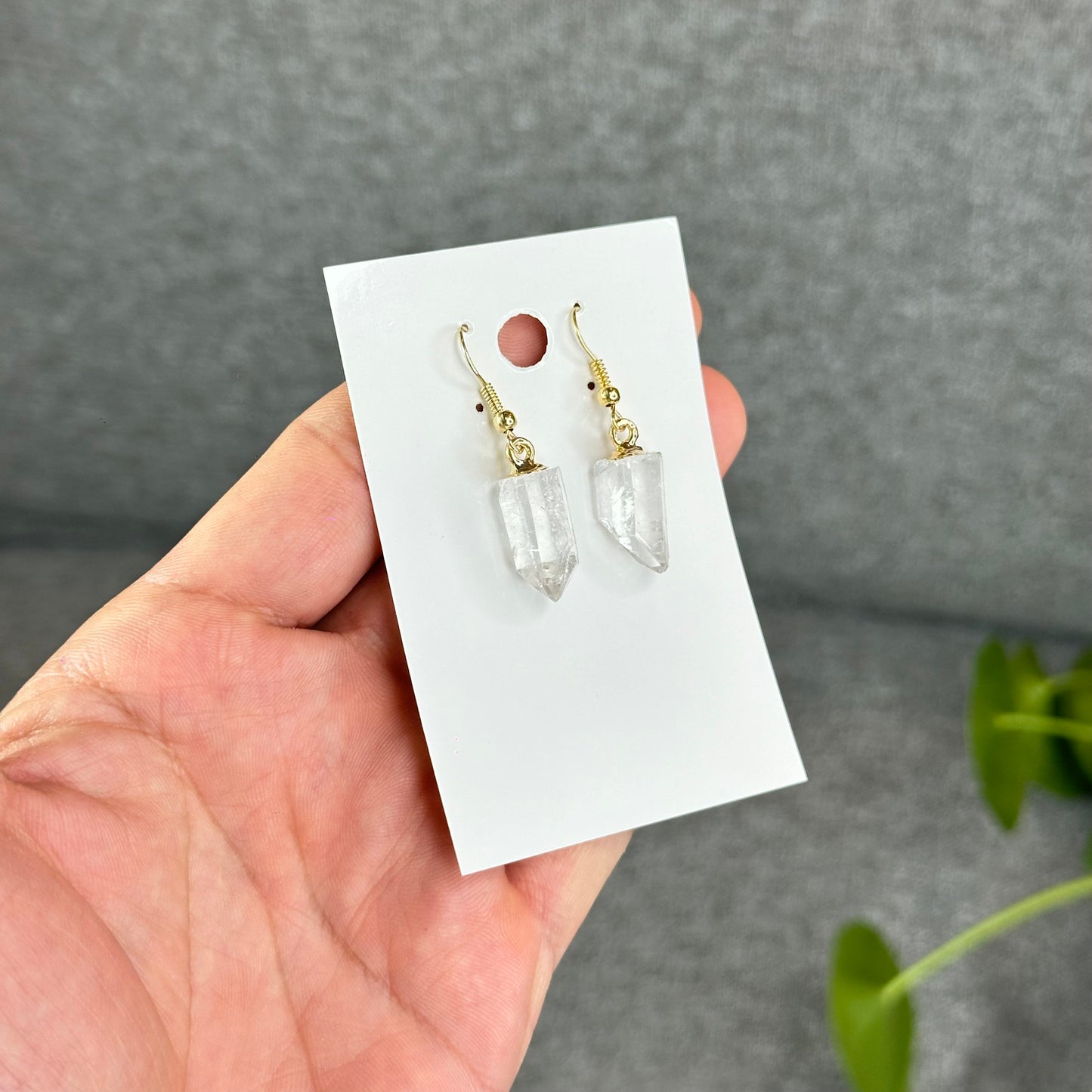 Natural Clear Quartz Point Crystal Earrings Gold Platted
