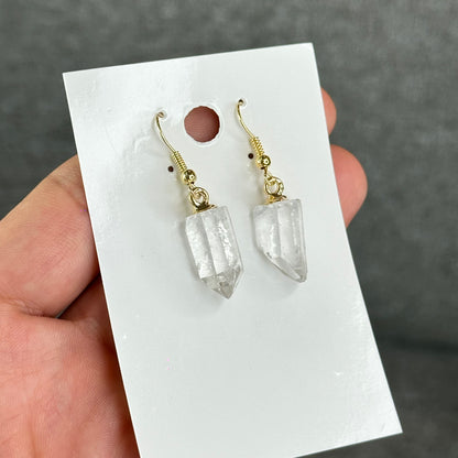 Natural Clear Quartz Point Crystal Earrings Gold Platted