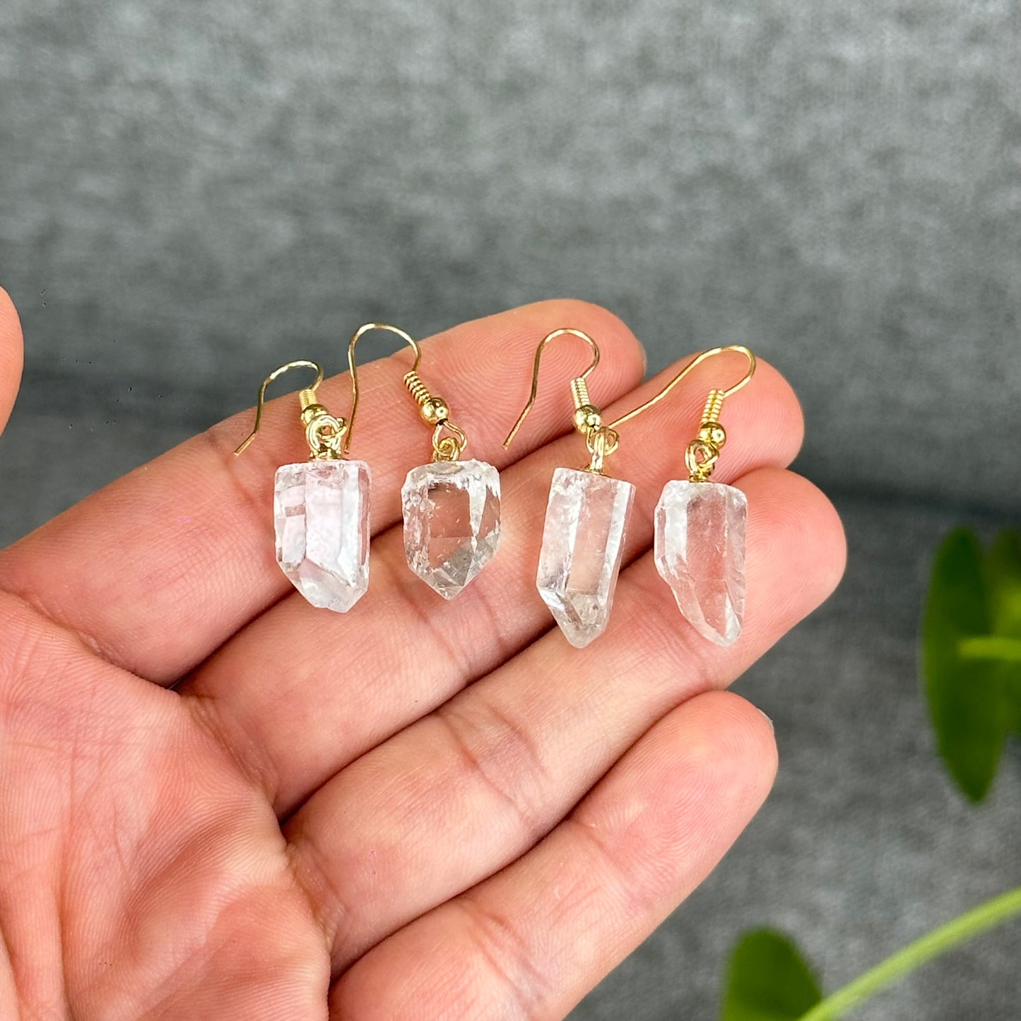 Natural Clear Quartz Point Crystal Earrings Gold Platted