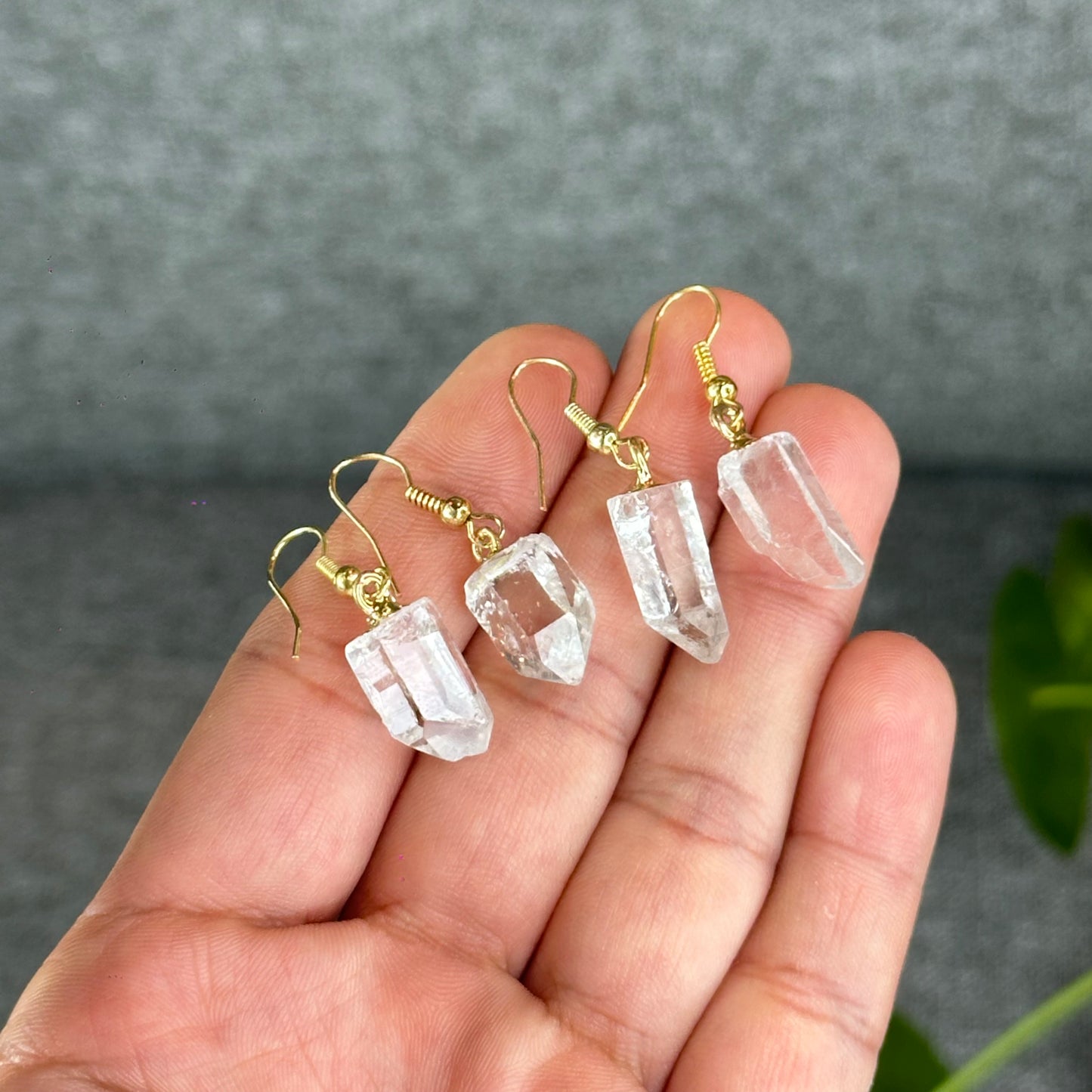 Natural Clear Quartz Point Crystal Earrings Gold Platted