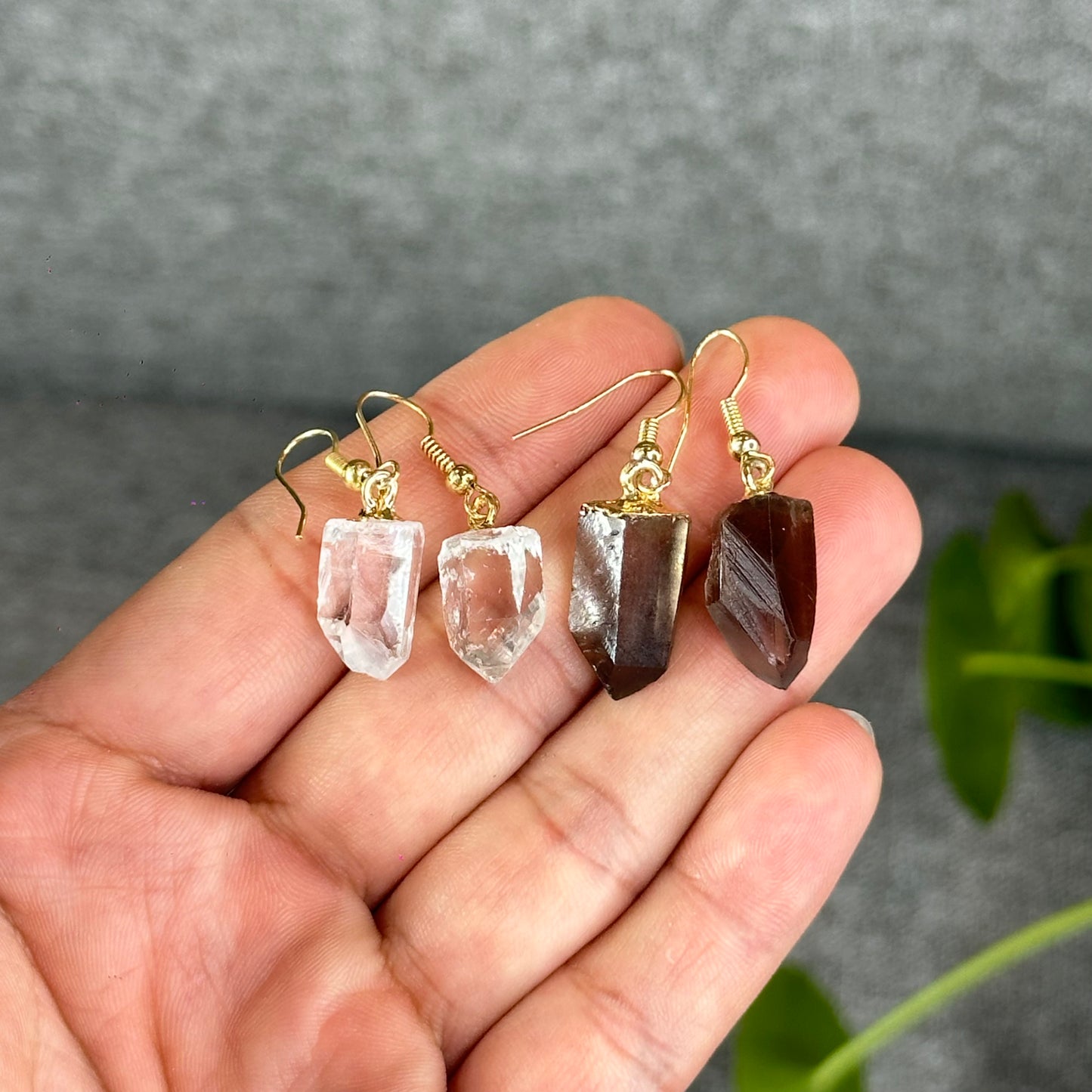 Natural Clear Quartz Point Crystal Earrings Gold Platted