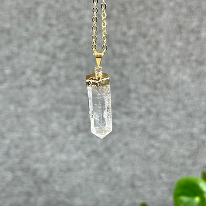Natural Clear Quartz Double terminated Necklace with Chain Gold Plated
