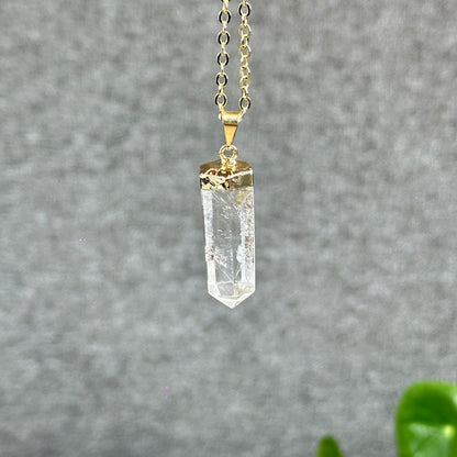 Natural Clear Quartz Double terminated Necklace with Chain Gold Plated