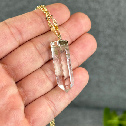 Natural Clear Quartz Double terminated Necklace with Chain Gold Plated