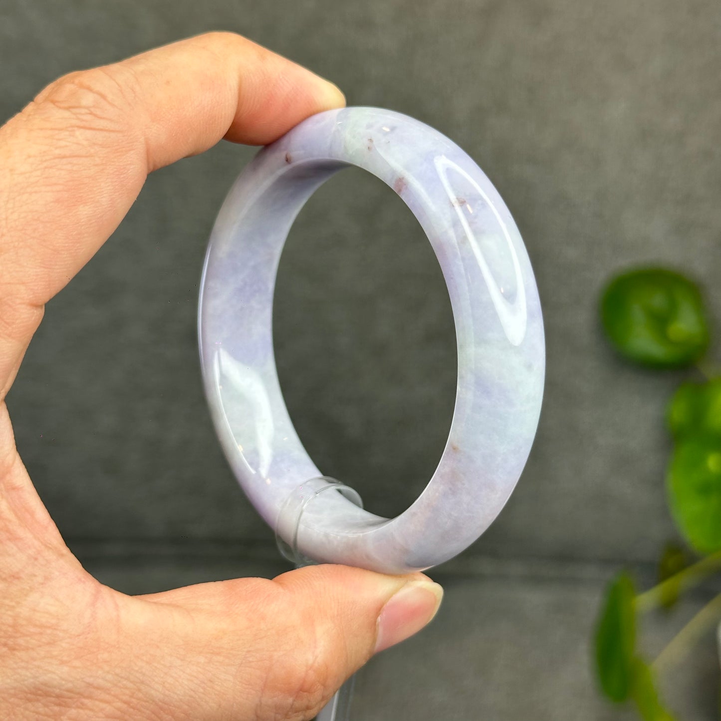 Natural Semi-Translucent Taro Purple with Light Green Type A Jadeite Jade Bangle Leaf Style Size 56.8 mm