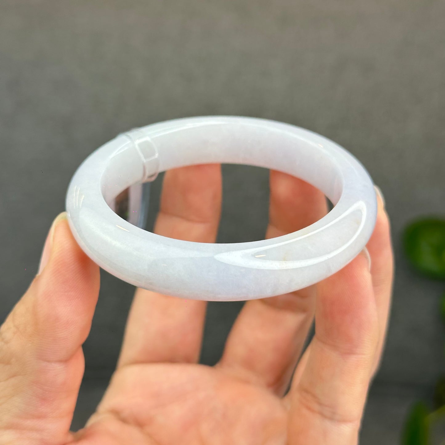 Natural Semi-Translucent Ivory White with Taro Light Purple Type A Jadeite Jade Bangle Leaf Style Size 55 mm