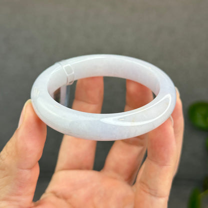 Natural Semi-Translucent Ivory White with Taro Light Purple Type A Jadeite Jade Bangle Leaf Style Size 55 mm