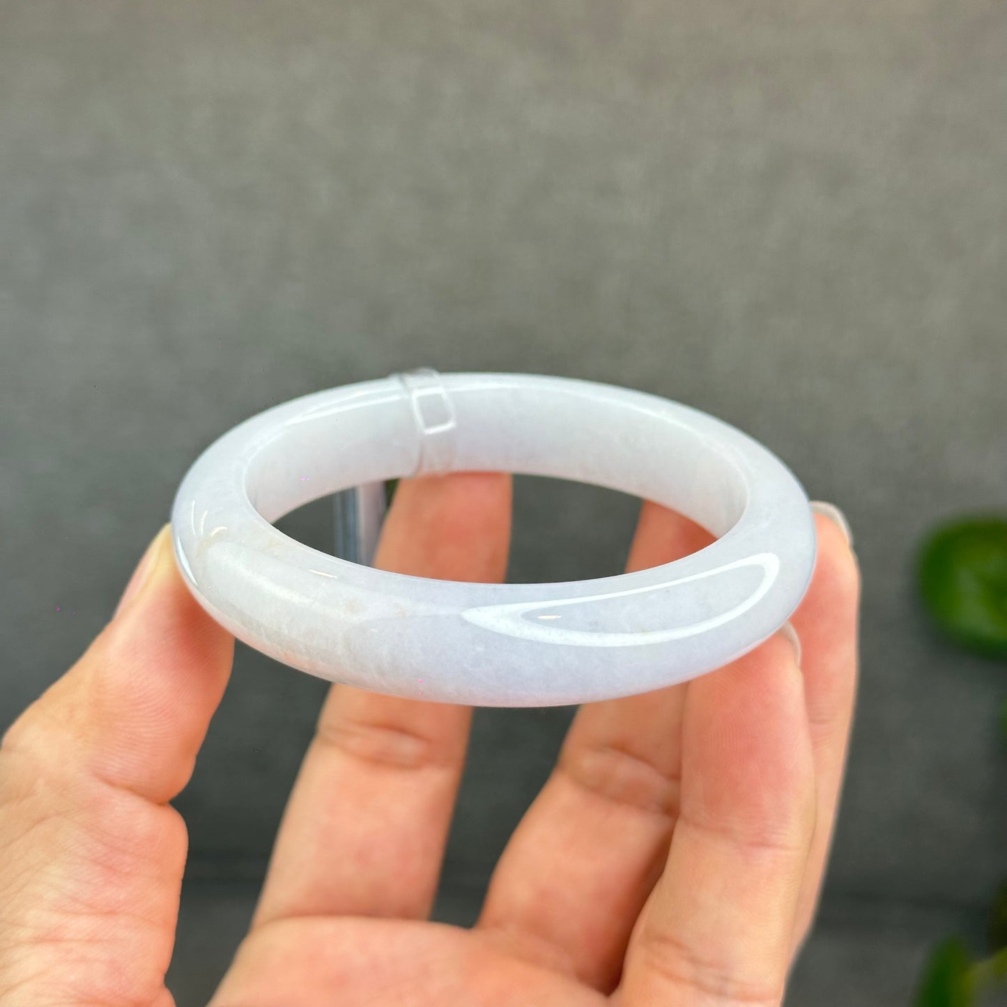 Natural Semi-Translucent Ivory White with Taro Light Purple Type A Jadeite Jade Bangle Leaf Style Size 55 mm