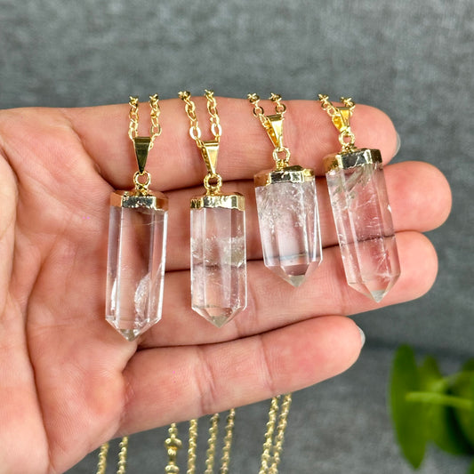 Natural Clear Quartz Double terminated Necklace with Chain Gold Plated