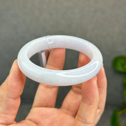 Natural Semi-Translucent Ivory White with Taro Light Purple Type A Jadeite Jade Bangle Leaf Style Size 55 mm