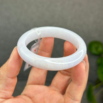 Natural Semi-Translucent Ivory White with Taro Light Purple Type A Jadeite Jade Bangle Leaf Style Size 55 mm