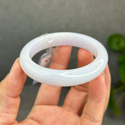 Natural Semi-Translucent Ivory White with Taro Light Purple Type A Jadeite Jade Bangle Leaf Style Size 55 mm