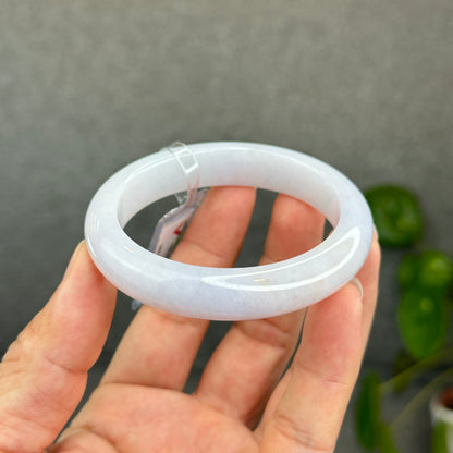 Natural Semi-Translucent Ivory White with Taro Light Purple Type A Jadeite Jade Bangle Leaf Style Size 55 mm