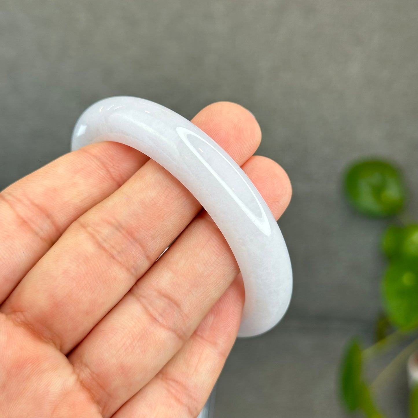 Natural Semi-Translucent Ivory White with Taro Light Purple Type A Jadeite Jade Bangle Leaf Style Size 55 mm