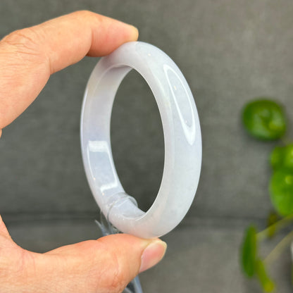 Natural Semi-Translucent Ivory White with Taro Light Purple Type A Jadeite Jade Bangle Leaf Style Size 55 mm