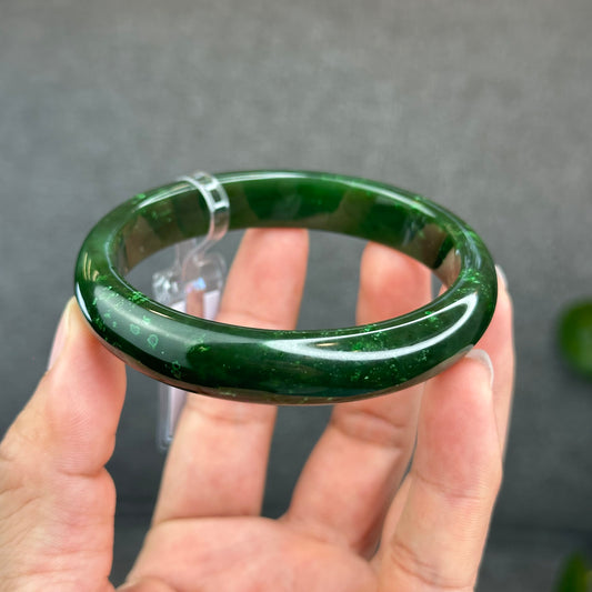 Natural Semi-Translucent Nephrite Jade VIP  Bangle Leaf Style Size 62.3 mm