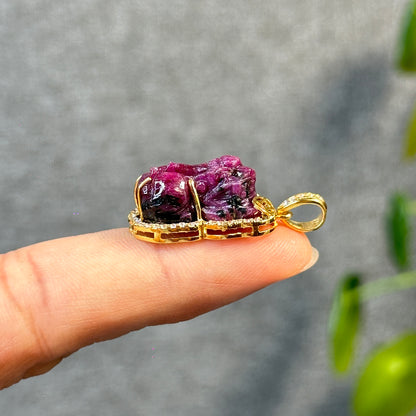 Pixiu Ruby Pendant in 10k Yellow Gold with White Stone Setting