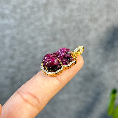 Pixiu Ruby Pendant in 10k Yellow Gold with White Stone Setting