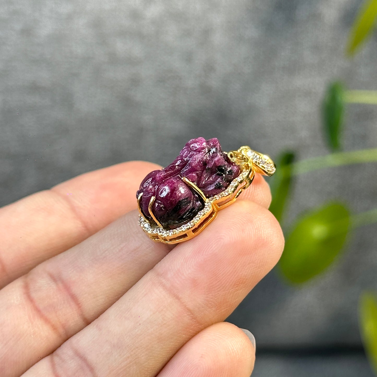 Pixiu Ruby Pendant in 10k Yellow Gold with White Stone Setting