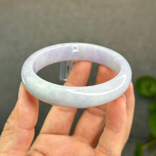 Natural Semi-Translucent Taro Purple with Light Green Type A Jadeite Jade Bangle Leaf Style Size 59.2 mm