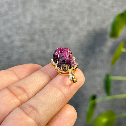 Pixiu Ruby Pendant in 10k Yellow Gold with White Stone Setting