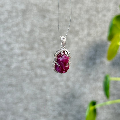 Pixiu Ruby Pendant in 10k White Gold with White Stone Setting