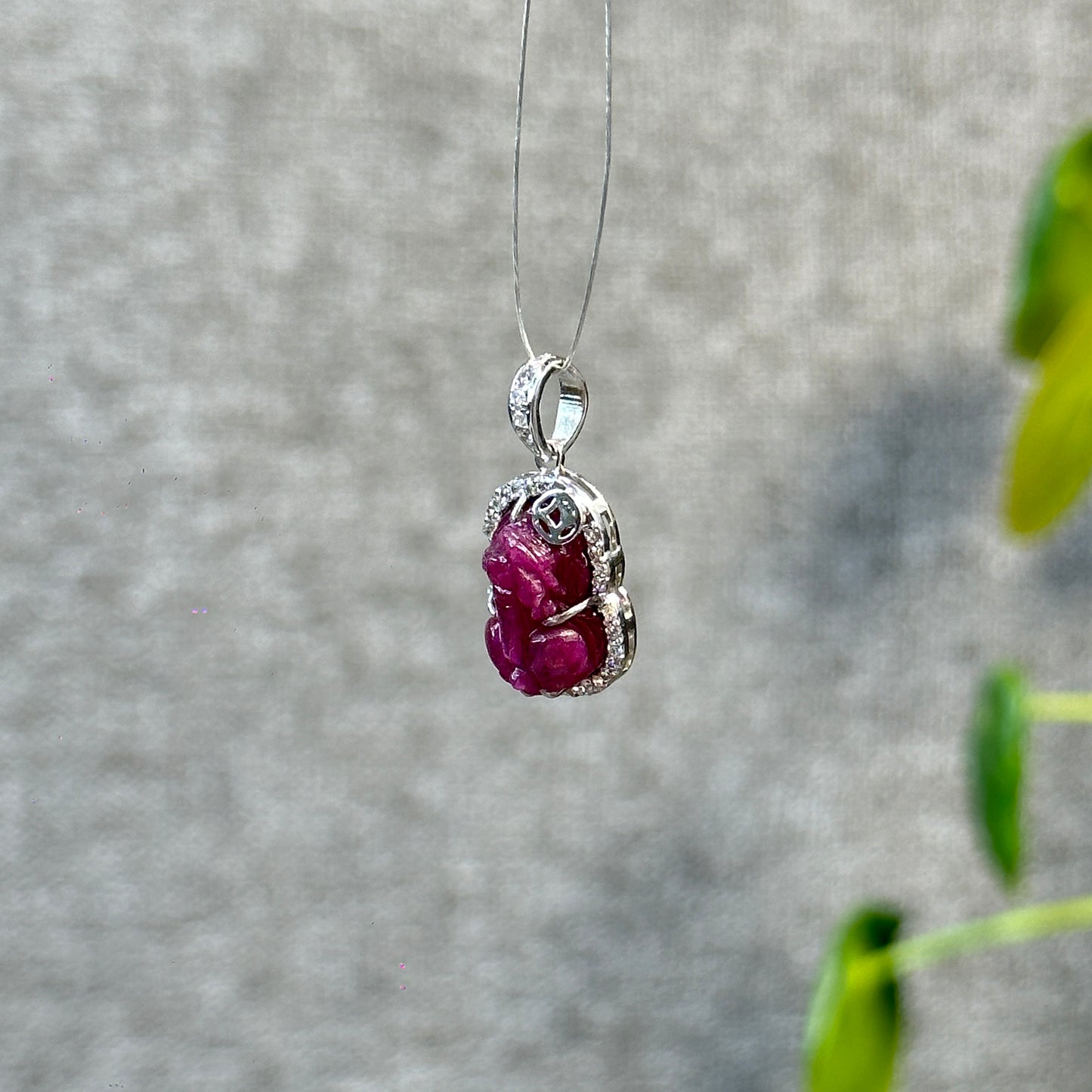 Pixiu Ruby Pendant in 10k White Gold with White Stone Setting