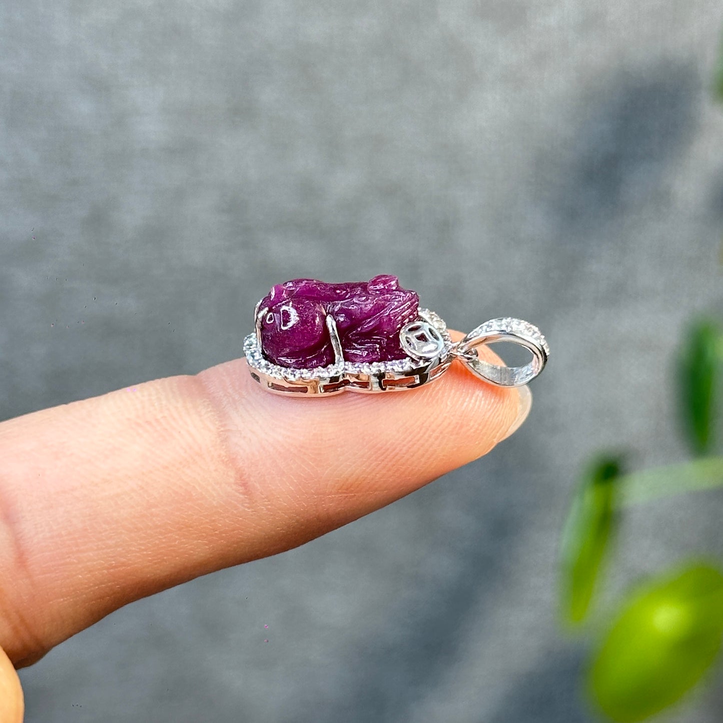 Pixiu Ruby Pendant in 10k White Gold with White Stone Setting