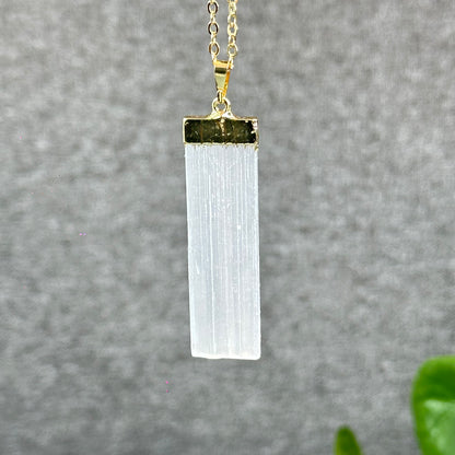 Natural Clear Quartz Point Dangling Earrings with Selenite Rectangle Pendant with Chain Gold Platted
