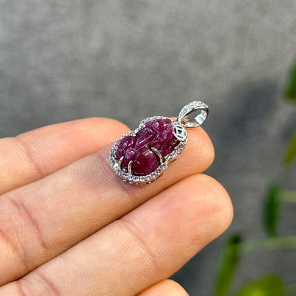 Pixiu Ruby Pendant in 10k White Gold with White Stone Setting