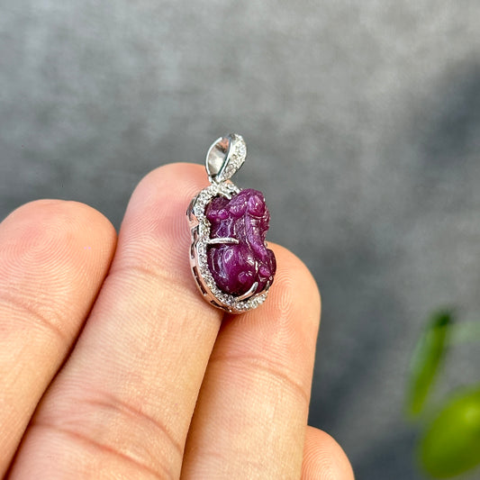 Pixiu Ruby Pendant in 10k White Gold with White Stone Setting