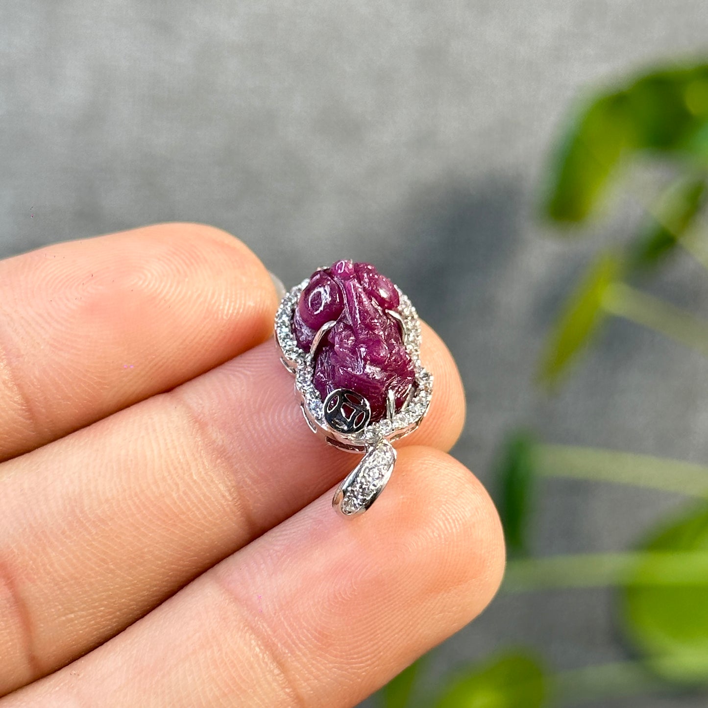 Pixiu Ruby Pendant in 10k White Gold with White Stone Setting