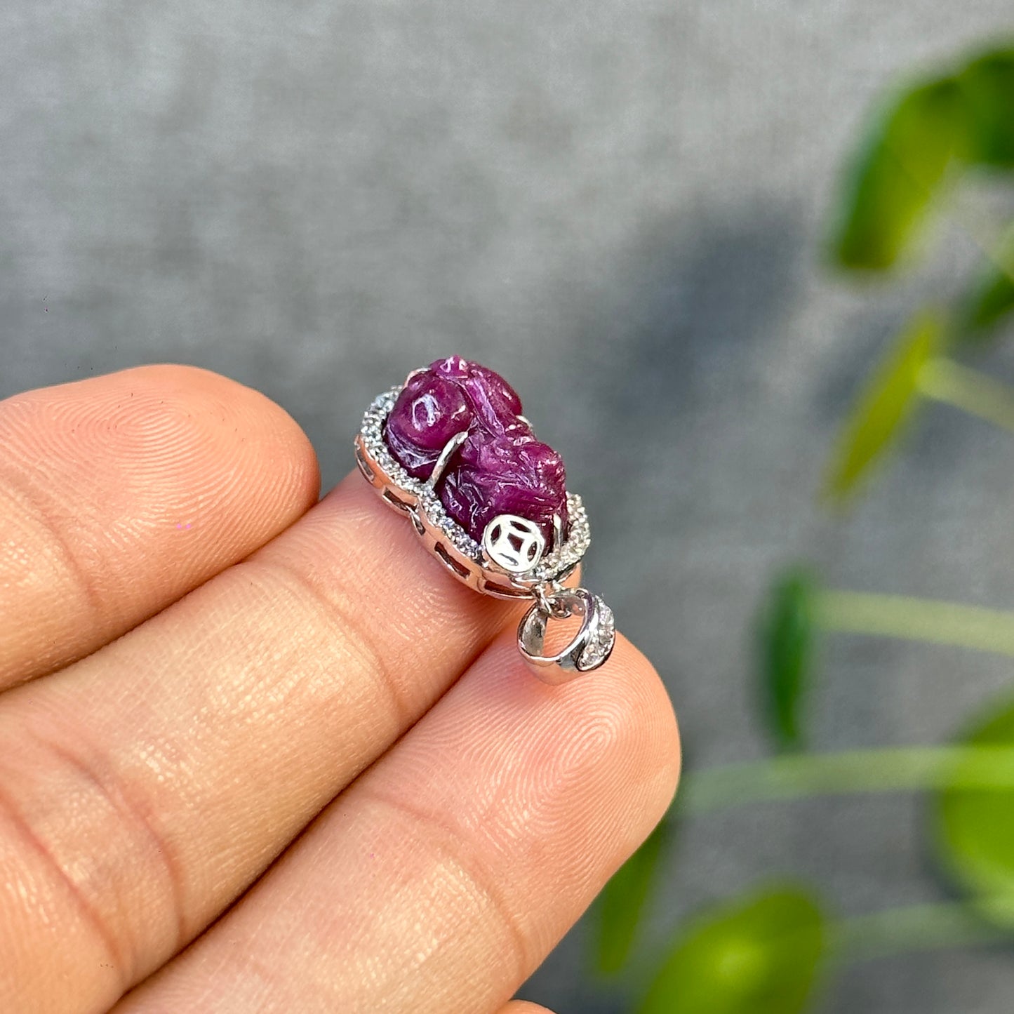 Pixiu Ruby Pendant in 10k White Gold with White Stone Setting