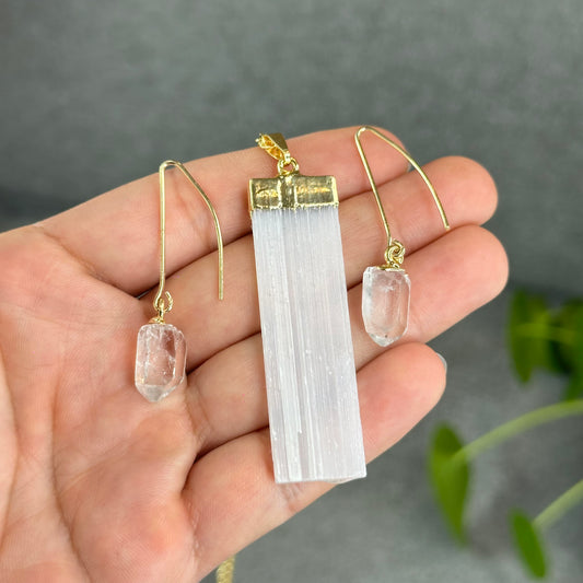 Natural Clear Quartz Point Dangling Earrings with Selenite Rectangle Pendant with Chain Gold Platted